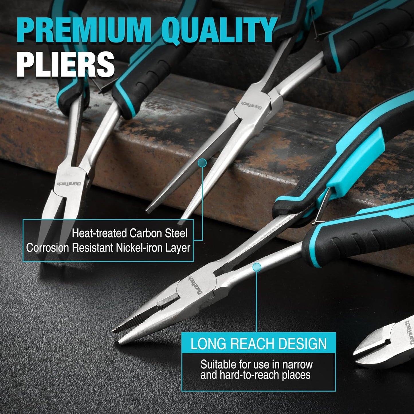 DURATECH 4PCS Long Reach Pliers Set with Pouch - Needle Nose, Diagonal, Linesman and Flat Nose, Mini Extra Long Pliers Set for Jewelry Making, Wire Bending and Object Gripping on Narrow Space