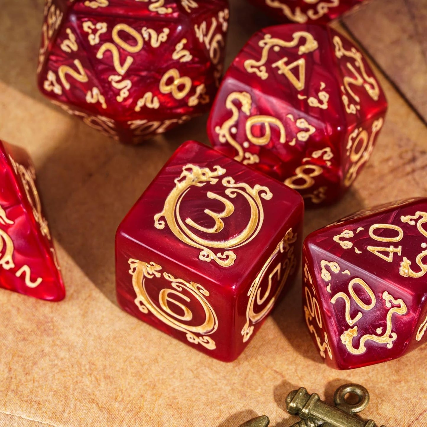 7-Die DND Dice Set Dragon Pattern Polyhedral Die with Leather Bag D&D Dice Set for RPG Table Games (Red W/Gold Dragon Pattern)
