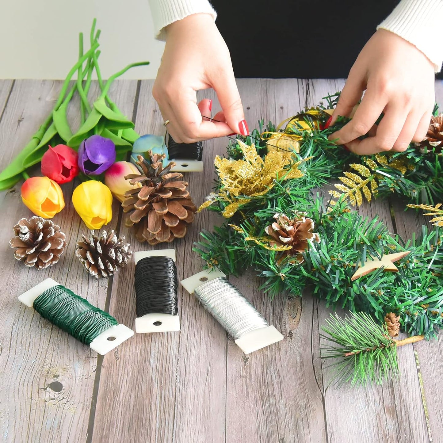 Hapeper 22 Gauge Floral Flexible Paddle Wire for Christmas Wreath Tree, Flower Arrangements, 3 Pack 114 Yards (Multicolored)