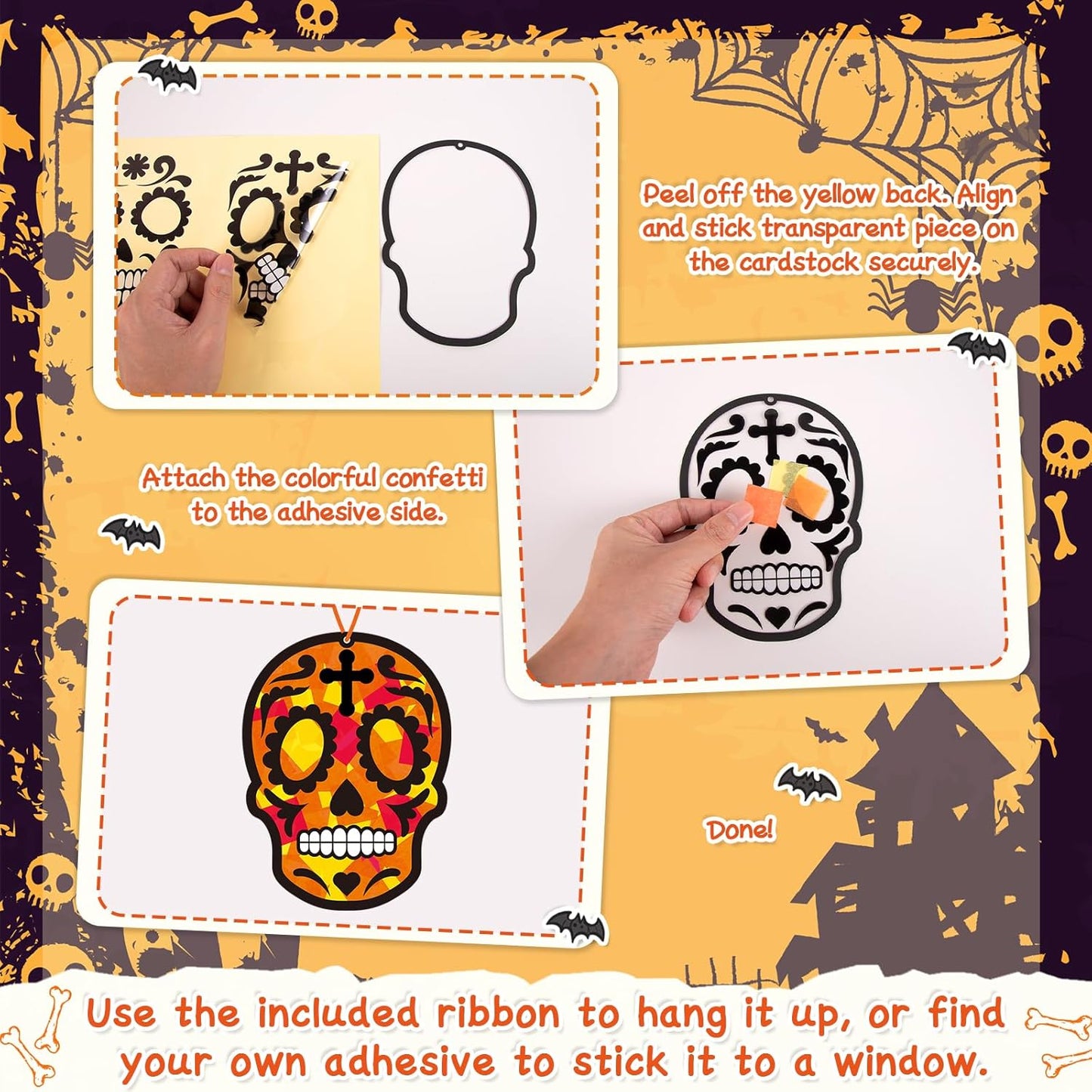 Renbuzhu 36PCS Dia De Los Muertos Crafts Bulk: Sugar Skull Paper Suncatchers DIY Kit for Day of The Dead Halloween Party Activities Decorations, Window Stained Glass Effect Art Supplies