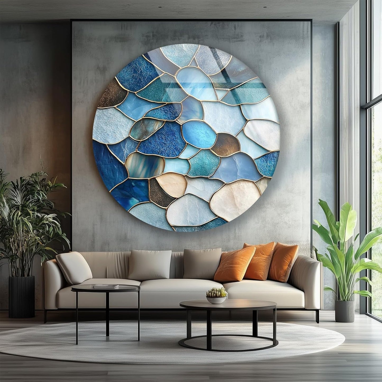 My Photostation.com 27.5''(70cm) Diameter Coastal Blue Stone Mosaic Round Glass Wall Art Tempered Glass Printing Wall Decor Large Wall Art Wall Hangings