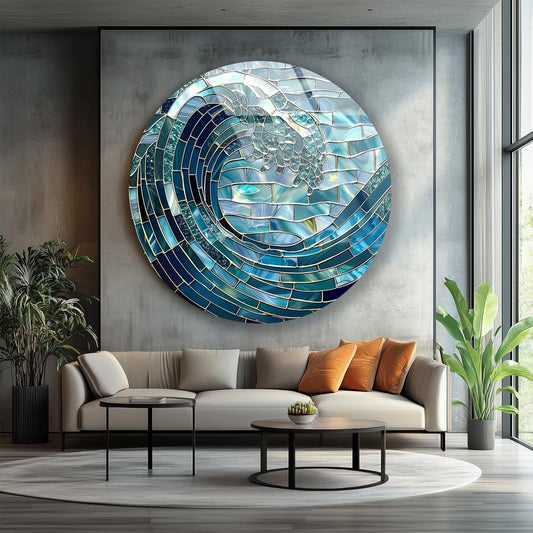 My Photostation.com 39,4''(100cm) Diameter Ocean Wave in Blue Mosaic Round Glass Wall Art Tempered Glass Printing Wall Decor Large Wall Art Wall Hangings