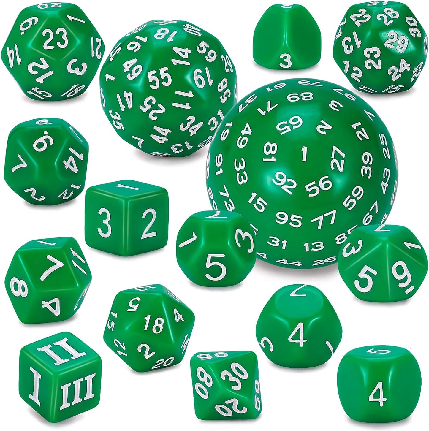 CiaraQ DND Polyhedral Dice Set (15pcs) D4-D100 Game Dice with Dice Bag for Dungeons and Dragons Role Playing Table Games (Green & White)
