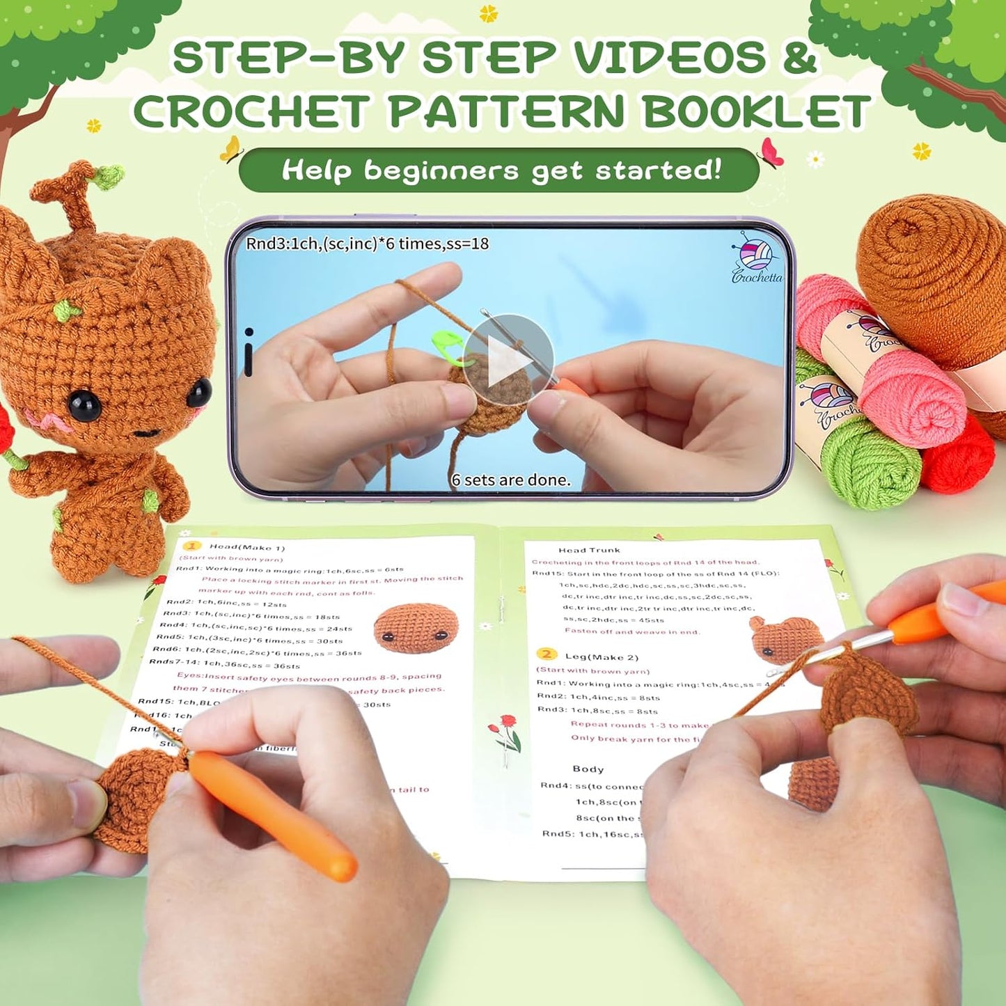 Crochetta Crochet Kit for Beginners, Crochet Starter Kit w Step-by-Step Video Tutorials, Beginner Crochet Kit for Adults Kids Women Men Complete Kit Included (Little Tree Man)