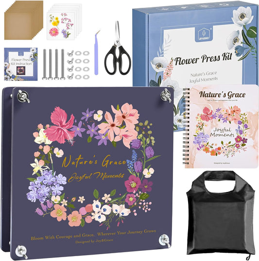 Joy&Grace Flower Press Kit for Adults & Kids, with Designed Cover and DIY Album, 10.9" x 10.9" 10 Layers Flower Preservation Kit, Plant Press and Large Plant Drying Toolkit (Color Box, Purple Navy)