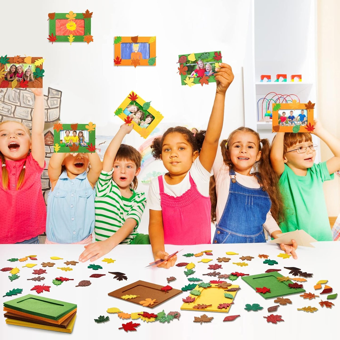 Ferraycle 232 Pcs Fall DIY Picture Frames Craft Kit Thanksgiving Felt Photo Frames with Leaves Pumpkin Harvest Crafts with Foam Stickers for Autumn Party Favor(Mix Color,Leaf)