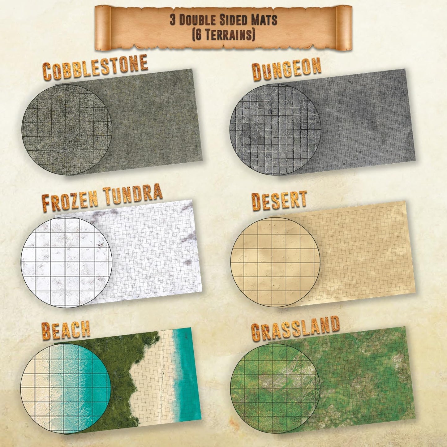 Melee Mats DND Map Starter Kit for Dungeons & Dragons Game - 24” x 36" 3 Pack Double Sided, Wet/Dry Erase Battle Terrain Grid - Ultimate Tabletop Board Gaming Experience with Accessories