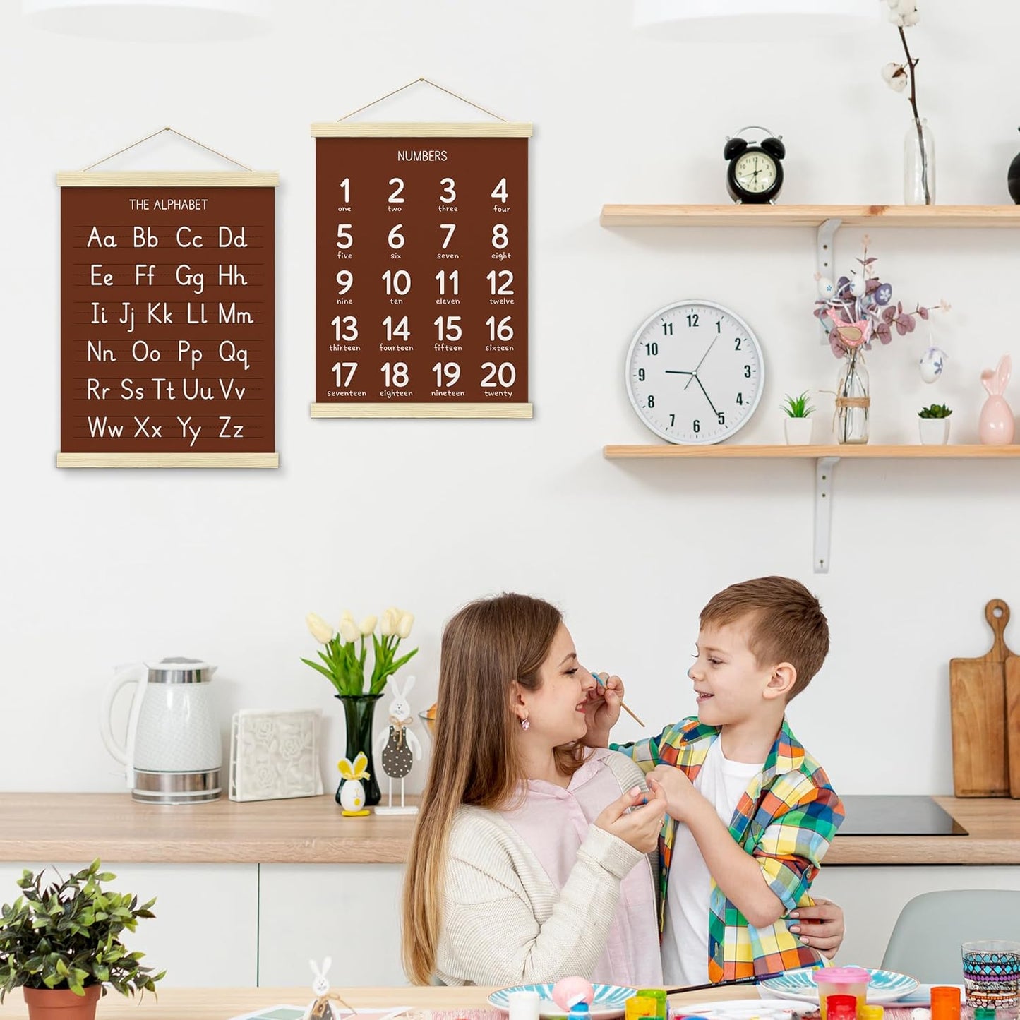 BONETAT Numbers alphabet poster for Nursery Toddlers,Correct Letter Formation on Line Paper, Play Room Wall Decor,ABC Wall Chart,Preschool Homeschool Decor Kids Wall Decor,Wooden Alphabet Banner-A09