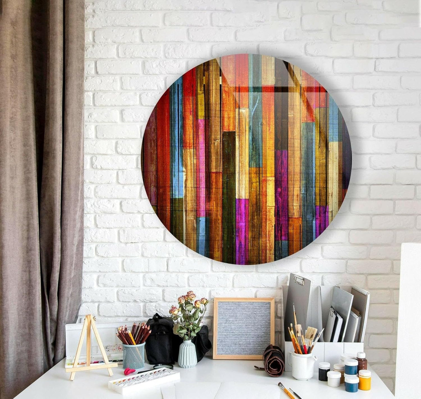 My Photostation.com 39,4''(100cm) Diameter Colorful Wood Pattern Round Glass Wall Art Tempered Glass Printing Wall Decor Large Wall Art Wall Hangings