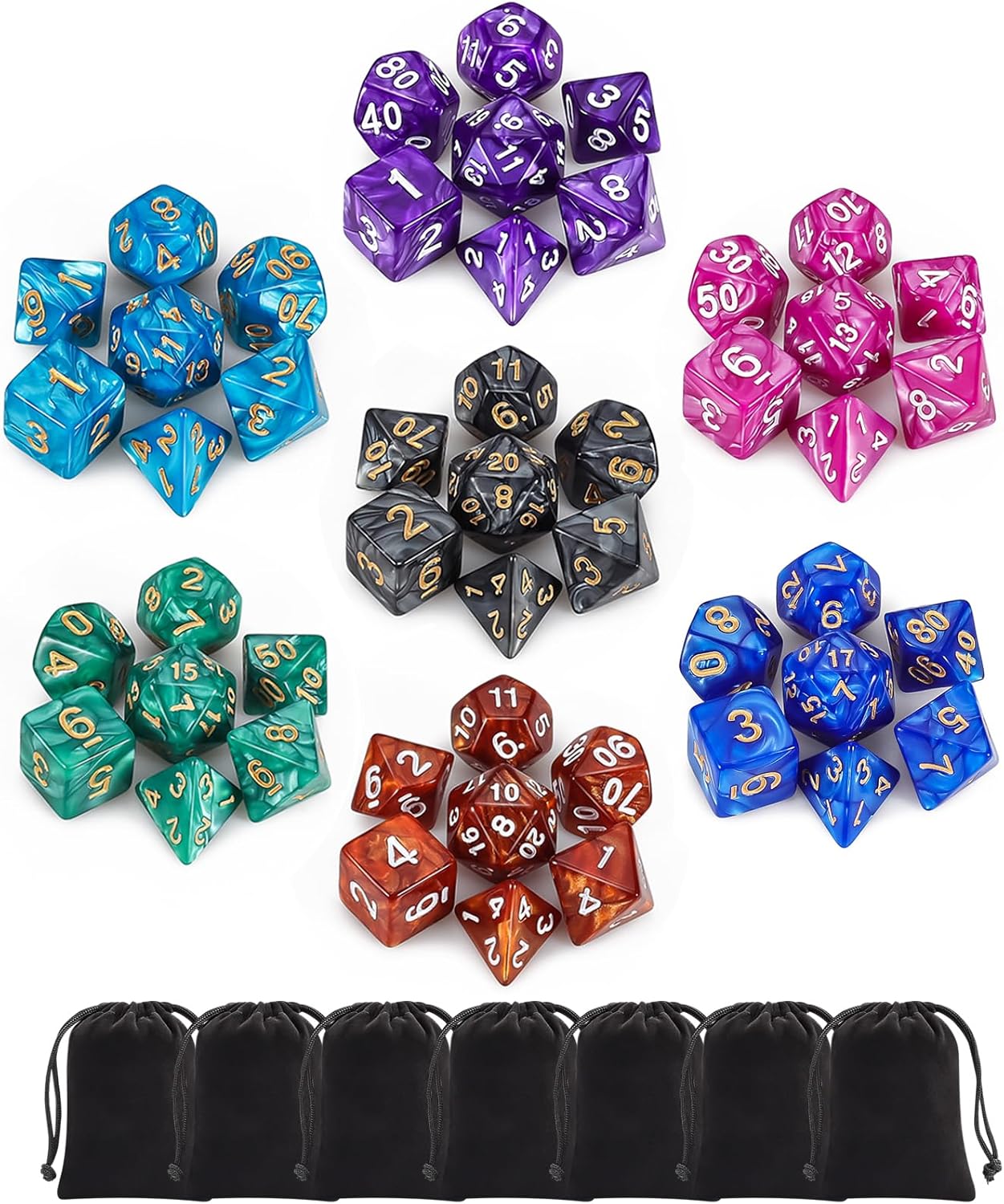 QMay Polyhedral Dice Set - 7 x 7 (49 Pieces) DND Dice with 7PCS Black Drawstring Bags Great for Dungeons and Dragons, RPG, MTG,Role Playing Table Games D4 D6 D8 D10 D% D12 D20