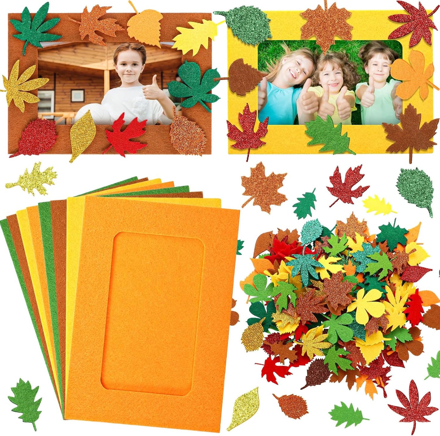 Ferraycle 232 Pcs Fall DIY Picture Frames Craft Kit Thanksgiving Felt Photo Frames with Leaves Pumpkin Harvest Crafts with Foam Stickers for Autumn Party Favor(Mix Color,Leaf)