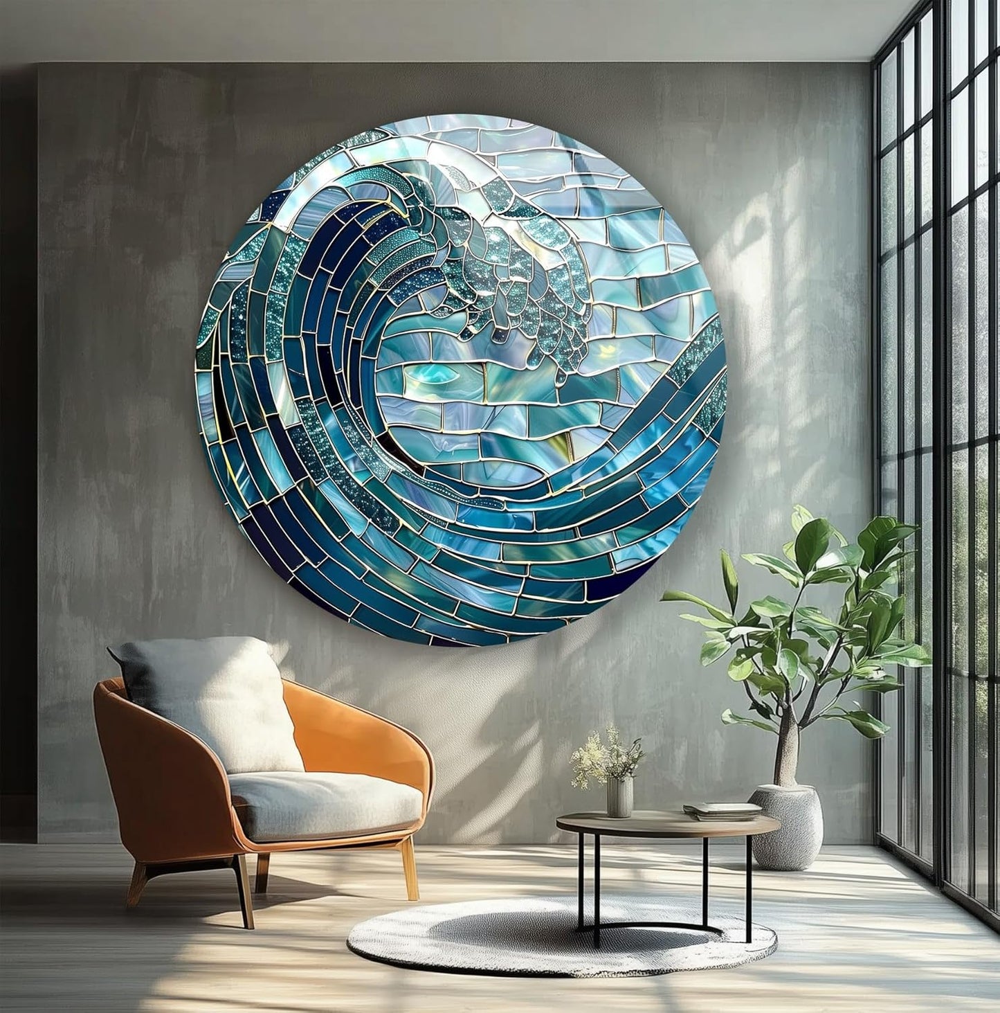 My Photostation.com 10''(25cm) Diameter Ocean Wave in Blue Mosaic Round Glass Wall Art Tempered Glass Printing Wall Decor Large Wall Art Wall Hangings