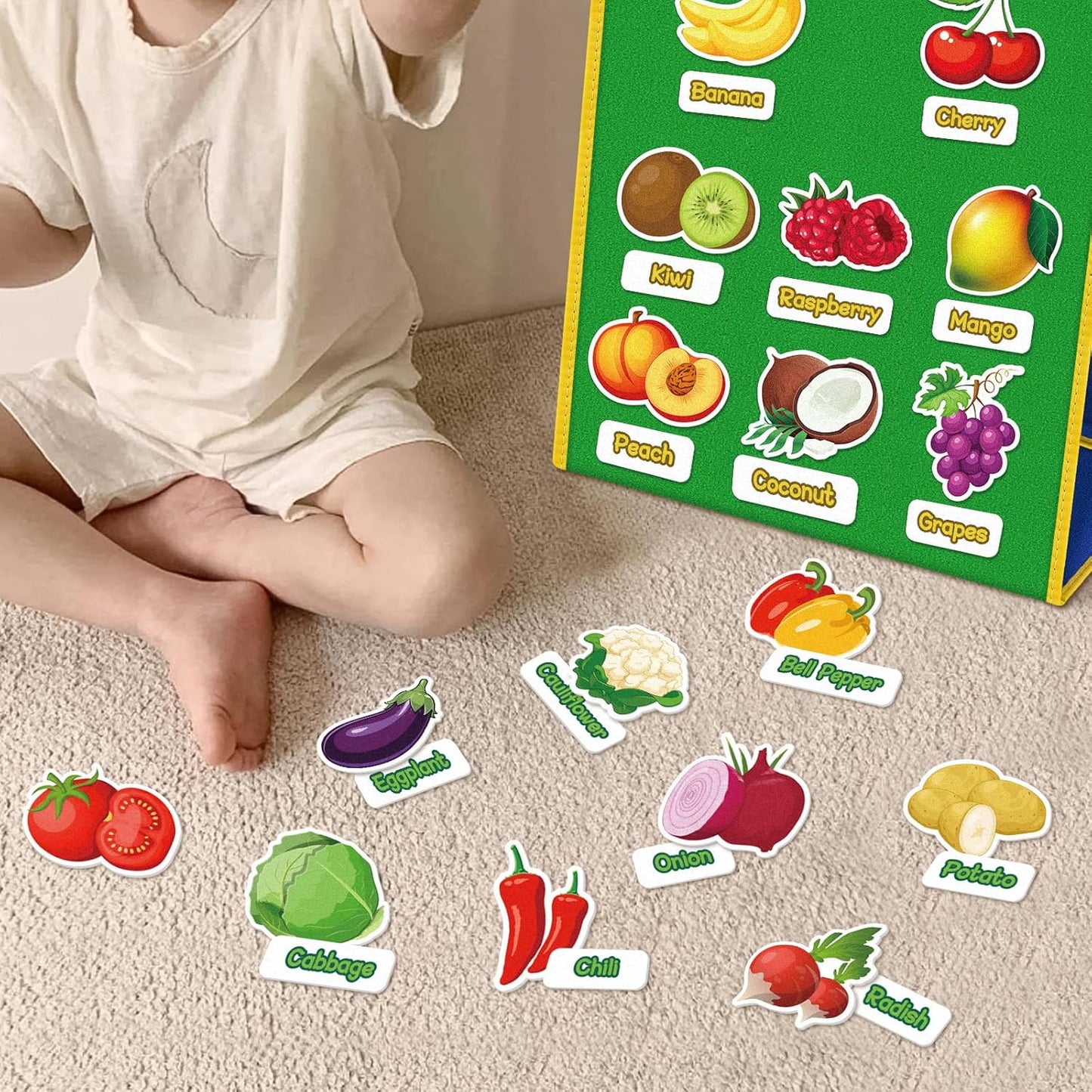 Kids Felt Board Set with 90 Fruits & Vegetables Pieces - Interactive Learning & Education Toys for Preschool Homeschool, Vibrant Colors Pretend Play Toys with Storage Bag & Velcro Dots