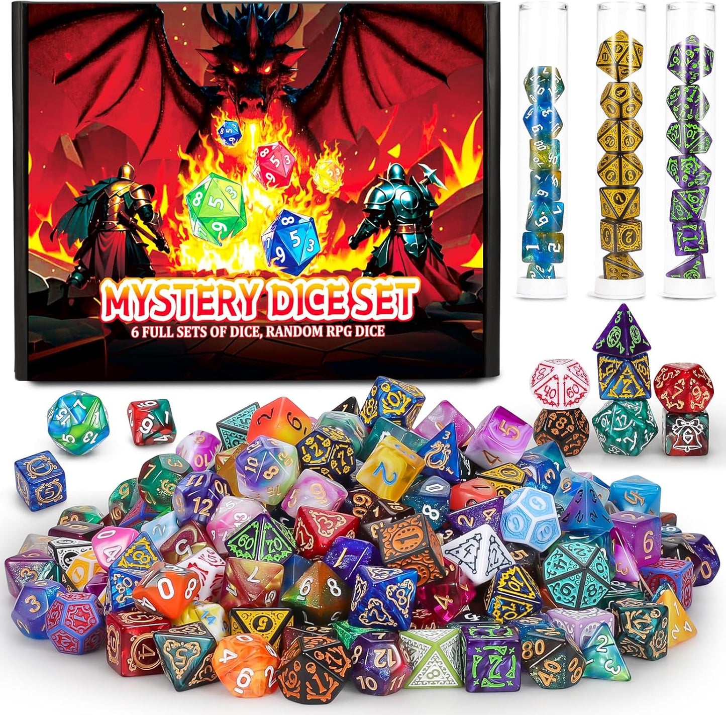 QMAY Mystery Dice Box - 48PCS DND Dice Set, Random Dice Patterns, 6 Surprise Boxes, Polyhedral Dice with Dice Display Tube, D&D Gifts Box for Dungeons and Dragons, RPG, MTG,Role Playing Table Game