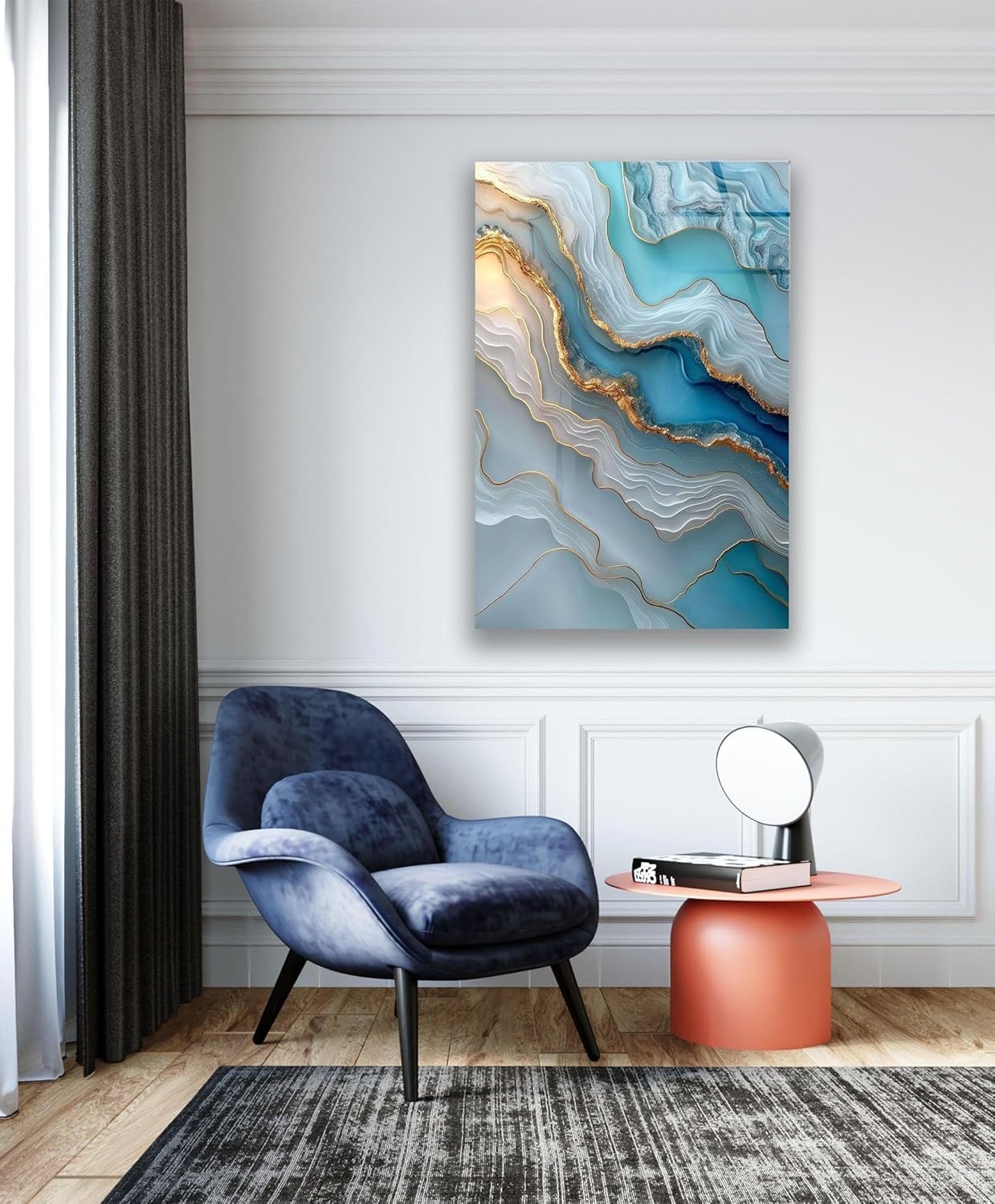 My Photostation.com 27Wx43H'' Turquoise and Blue Alcohol ink Glass Wall Art Tempered Glass Printing Wall Decor Large Wall Art Wall Hangings