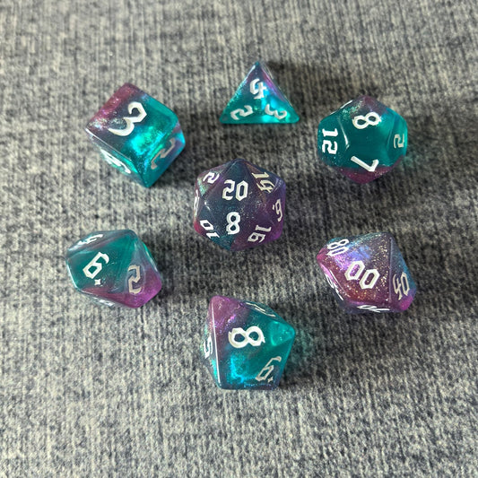 DND RPG Dice Set, Nebula Polyhedral Dice for Dungeons and Dragons, Mystery 7-Piece Set (Green Purple)