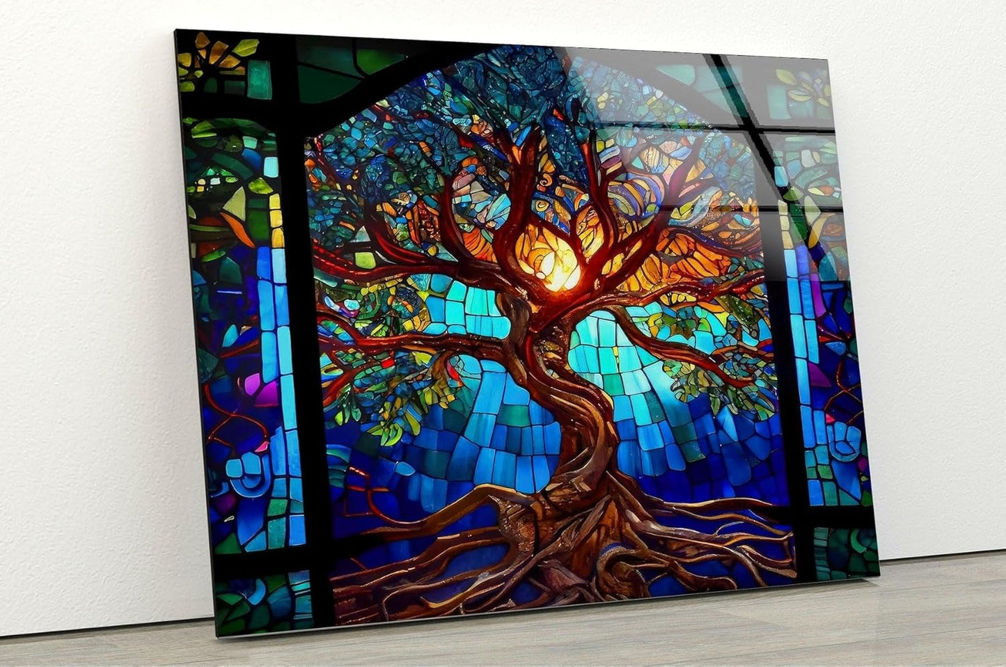 My Photostation.com 20Wx14H'' Stained Blue Life of Tree Glass Wall ArtTempered Glass Printing Wall Decor Large Wall Art Wall Hangings