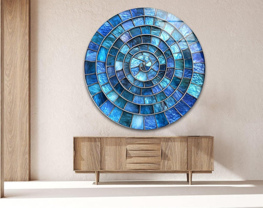 My Photostation.com 39,4''(100cm) Diameter Blue Aqua Spiral Harmony Round Glass Wall Art Tempered Glass Printing Wall Decor Large Wall Art Wall Hangings