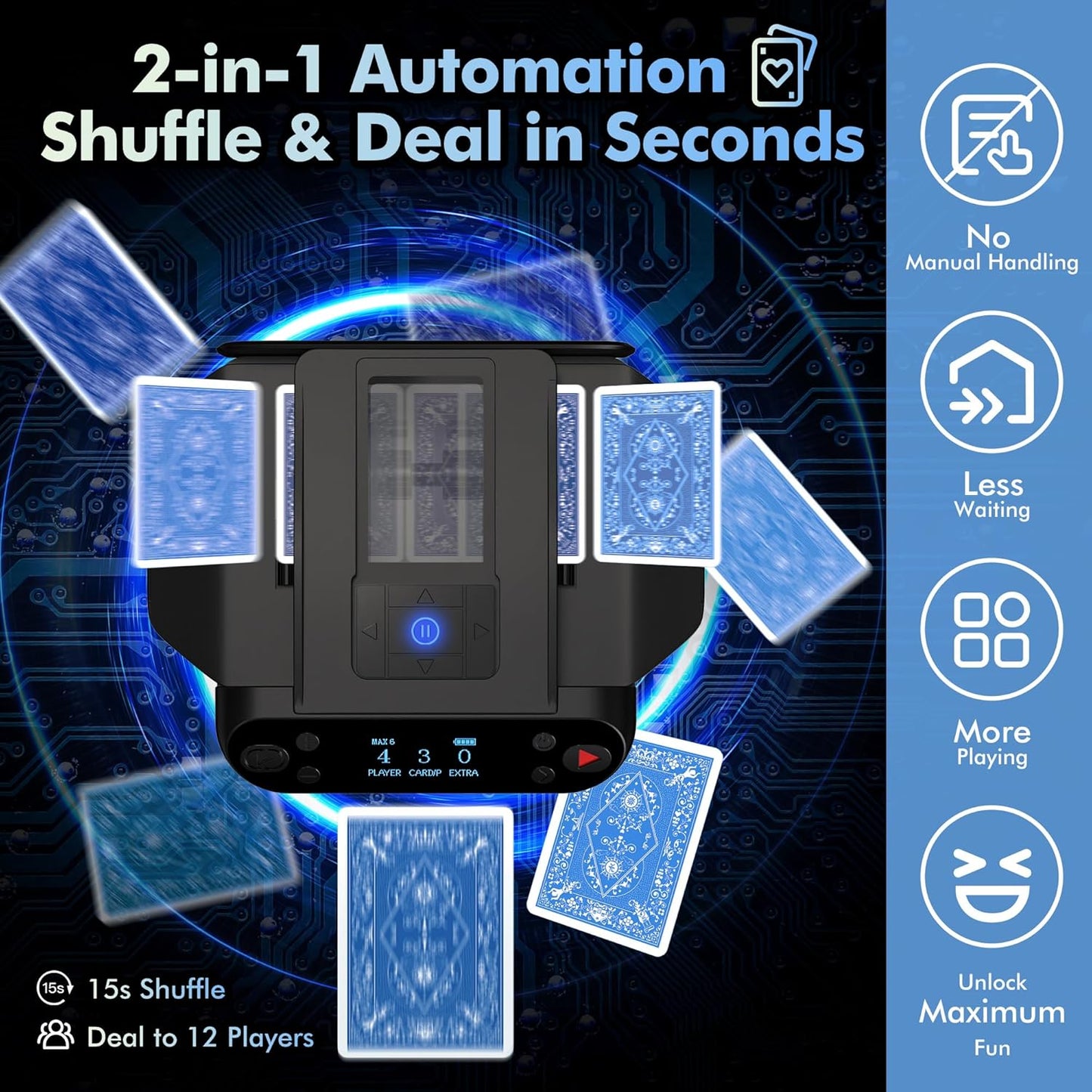 Automatic Card Shuffler and Dealer Machine 360° Rotation, Supports 12 Players, Rechargeable Card Shufflers, UNO Shuffler Card Machine Perfect for Rummy, Poker, Phase 10, Skip-Bo, Texas Hold'em