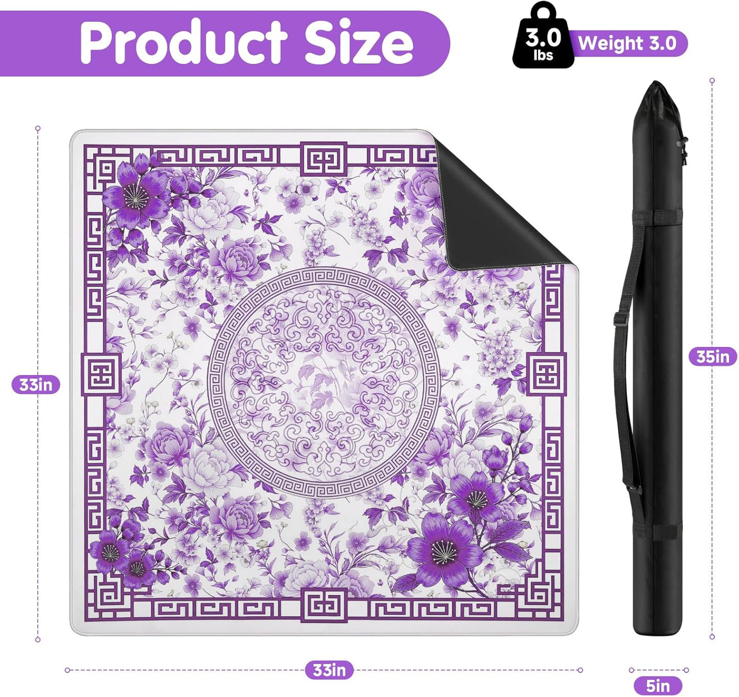 Mahjong Mat for Table 33x33 Inch, No-Crease, Anti-Slip, Noise-Reducing American Mahjong Mat, Mahjong Table Mat with Carry Bag,Neoprene Mahjong Mat for Poker, Card, Board(Purple)
