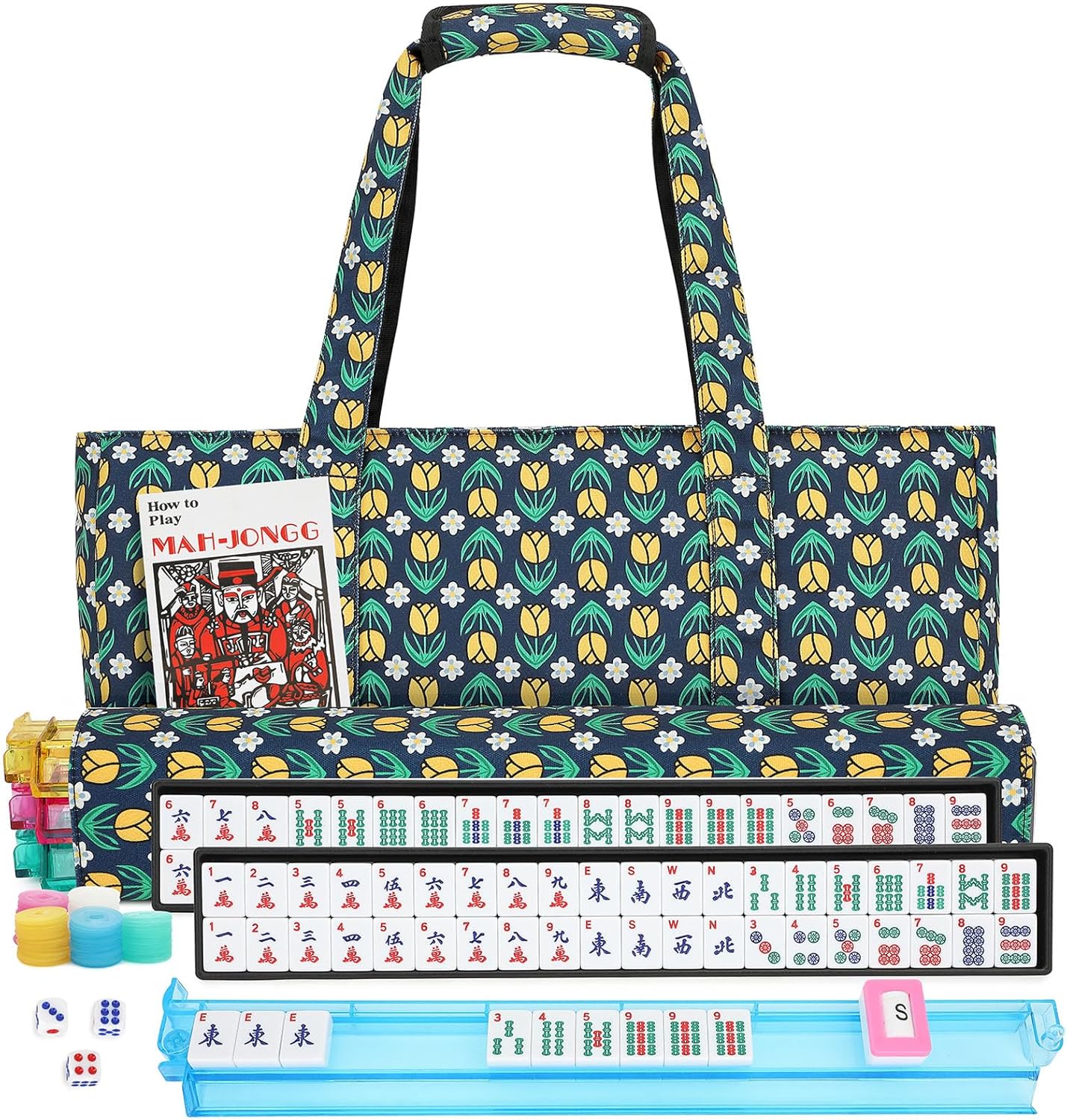 Mahjong Tile Set,166 White Tiles Mahjong Set,4PCS Mahjong Racks with Pushers,Travel Mahjong Set with Flower Carrying Bag