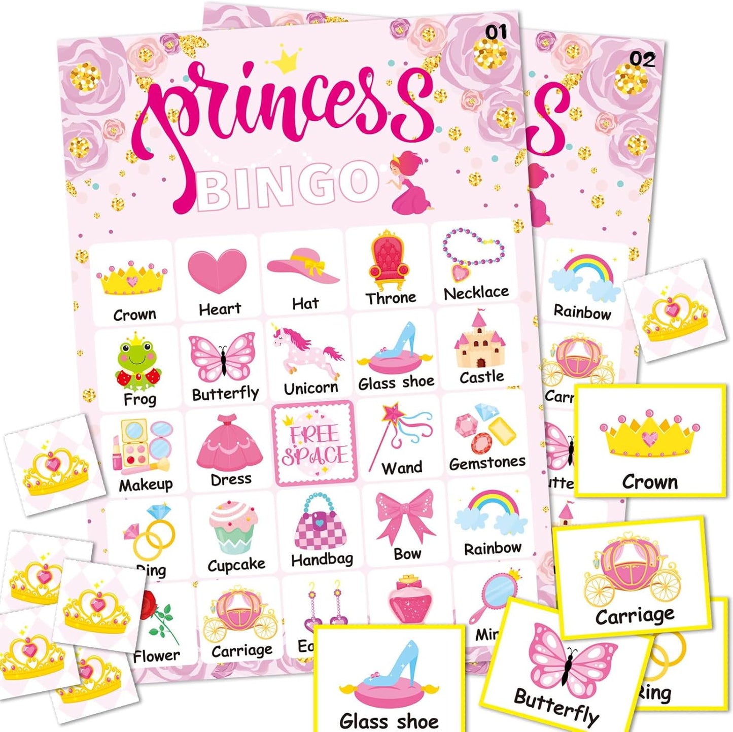 Pink Princess Bingo Game 24 Players Bingo Games Cards for Tea Party Decorations Princess Birthday Family Holiday Party Supplies School Activities Bridal Shower Wedding Party Favors