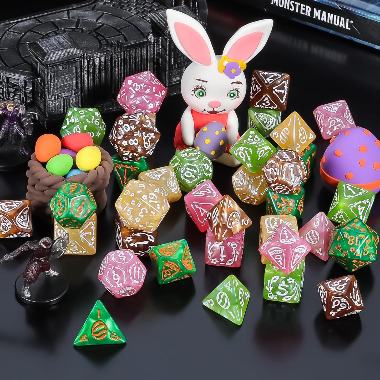 CiaraQ Polyhedral Dice Set, 5 Colors with 5 Decorative Pouches, 7 Pieces per Set, Fantasy RPG Gaming Dice/DND Dice/Role Playing Dice, Easter Themed