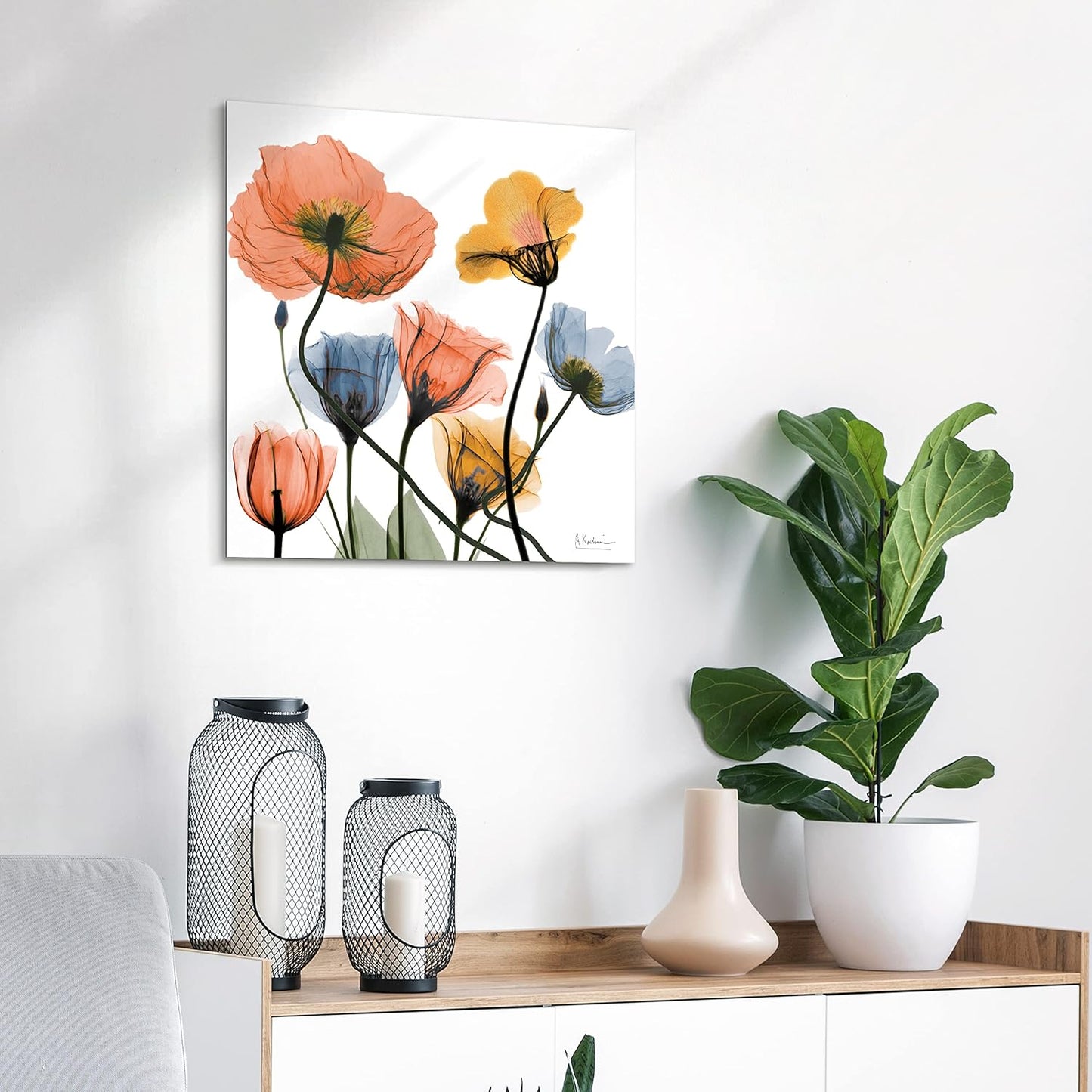 Empire Art Direct Frameless Free Floating Tempered Glass Panel Graphic Wall Art Ready to Hang, 24" x 24", Flowers and Ferns, Orange and Blue Flower