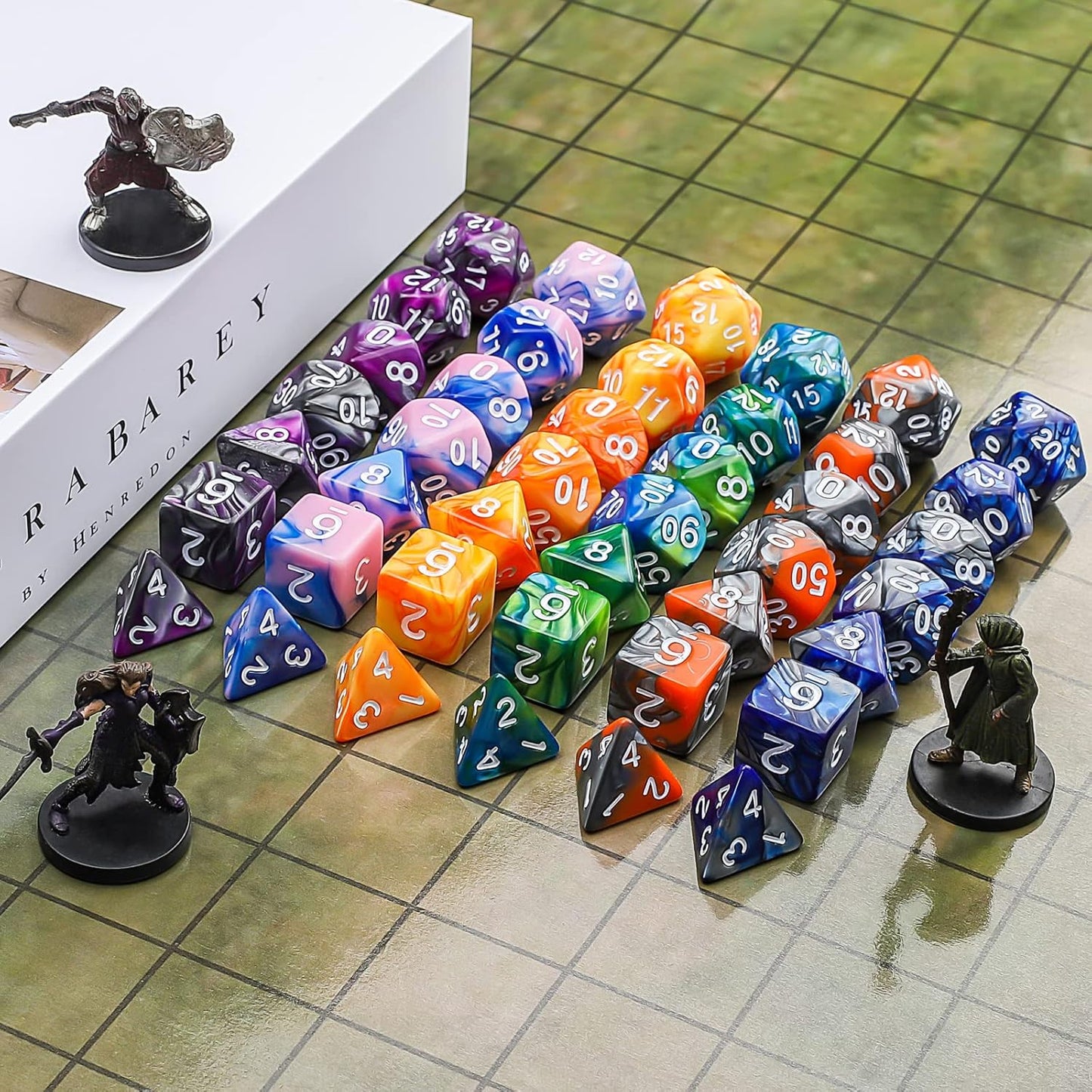 CiaraQ DND Polyhedral Dice Set (42pcs) with 6 Gold Pattern Drawstring Pouches for Dungeons and Dragons RPG MTG Table Games. 6 X 7 Double-Colors Dice Sets (D4 D6 D8 D10 D% D12 D20)