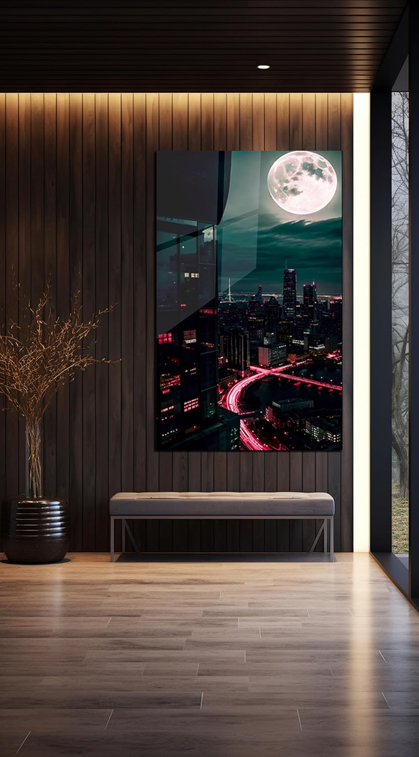 SpiritualHands Moon And City Glass Wall Art Painting for Living Room, Tempered Glass Modern Prints Decor, Large Vivid Color Panel for Bedroom, Kitchen, or Office