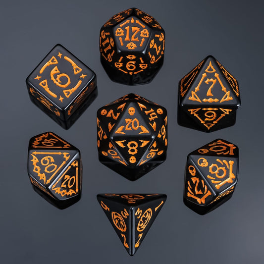 7-Die DND Dice Set Halloween Pattern Polyhedral Dice Set with Leather Bag, Skull Dice D&D Dice Set for RPG Table Games (Halloween Pattern-Black)
