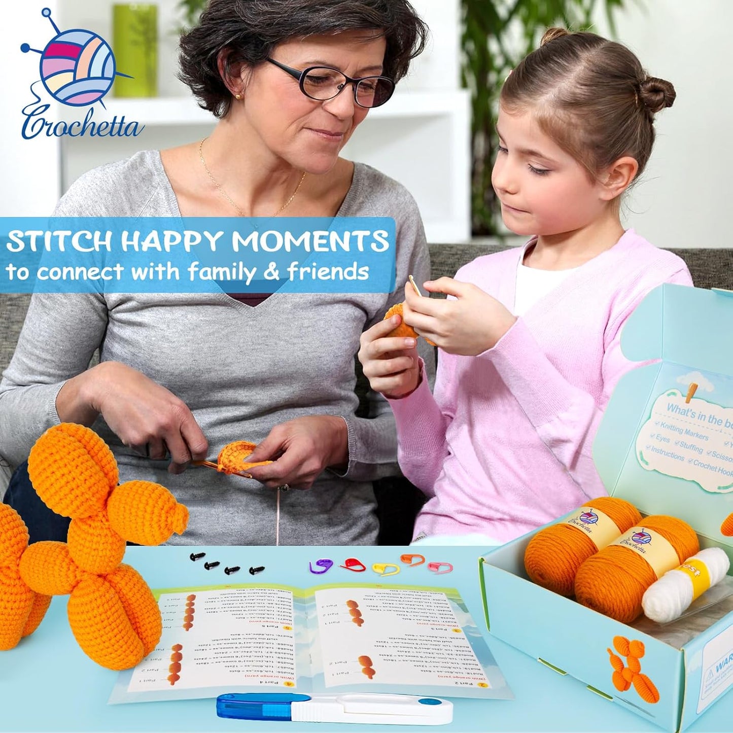 Crochetta Crochet Kit for Beginners, Crochet Kit w Step-by-Step Video Tutorials, Crochet Starter Kit Learn to Crochet Kits for Adults Kids Beginners, Vibrant Orange Balloon Dog (40%+ Yarn Content)