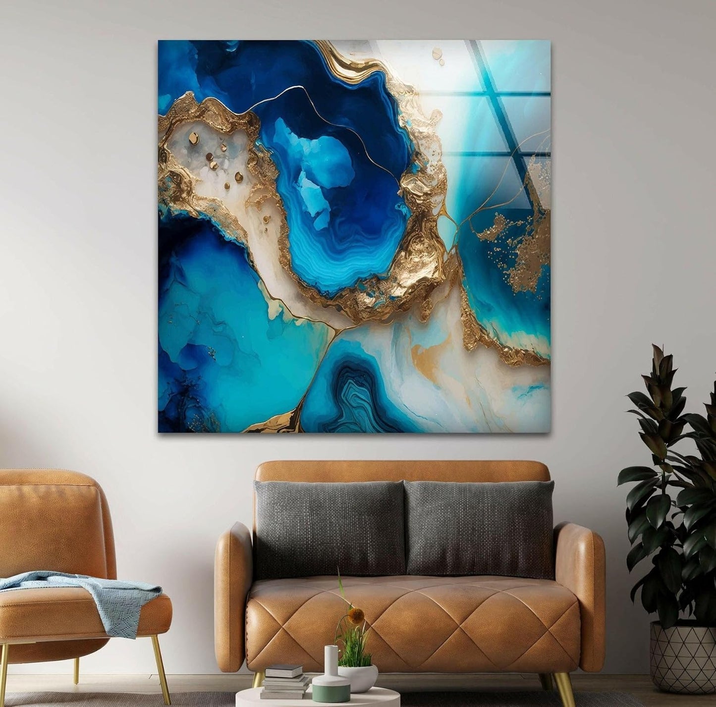 My Photostation.com 60WX40H'' Blue Alcohol ink Glass Wall ArtTempered Glass Printing Wall Decor Large Wall Art Wall Hangings