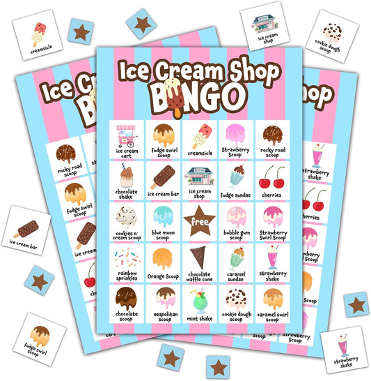 Summer Party Games - Ice Cream Bingo Cards for Adults, Baby Shower Games, 24 Players