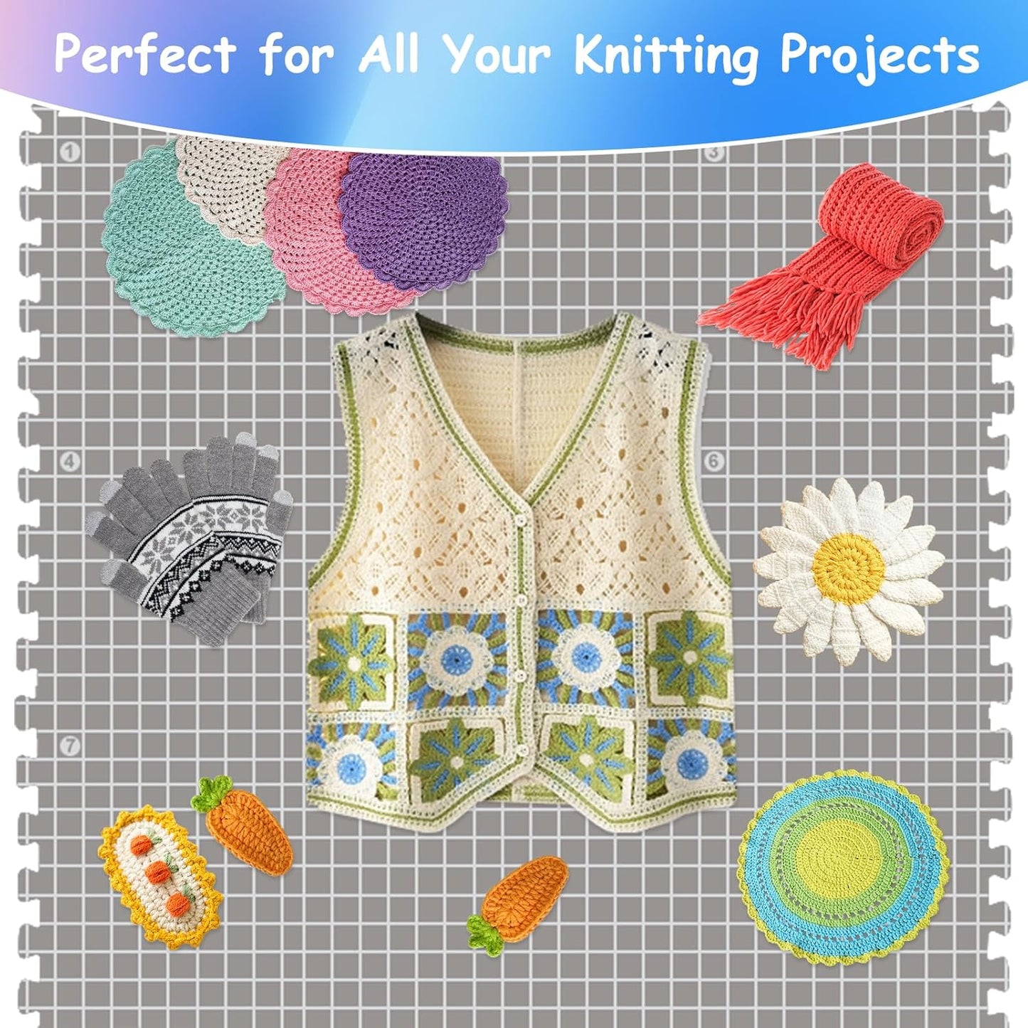 MEVOME Blocking Mats for Knitting with 20pcs Knitting Blockers 200 T-pins 104 Locking Stitch Markers, Extra Thick Block Boards with Grids Storage Bag for Needlepoint Crochet - Pack of 9 (Gray)