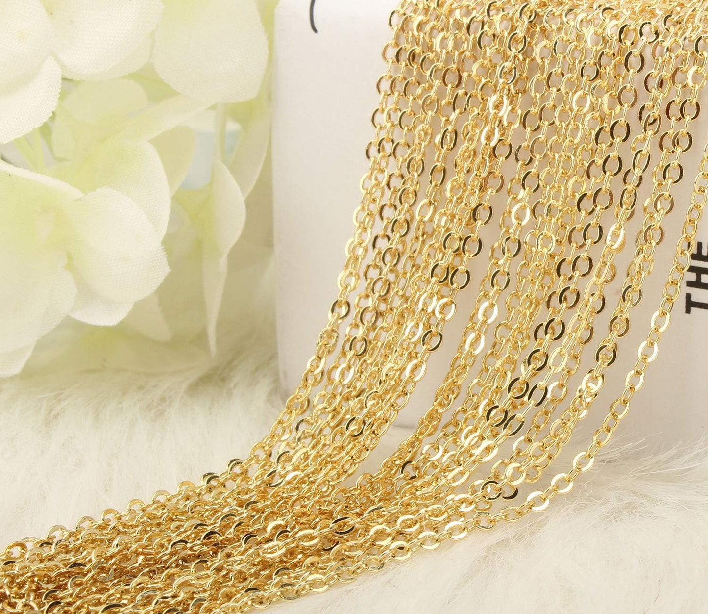 Wholesale 12 PCS Gold Plated Brass Flat Cable Chain Finished Necklace Chains Bulk for Jewelry Making (18 Inch(1.5MM))
