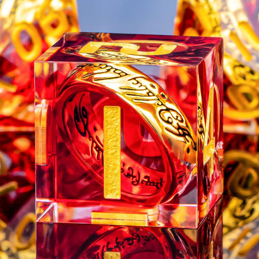 OUKELANWO Magic Lord Rings DND Dice Set with Box, 7Pcs Resin LOTR D&D Dice Set for Role Playing Game, Red Gold Dungeons Dragons D and D Sharp Edge Dice D20 D12 D10 D8 D6 D4