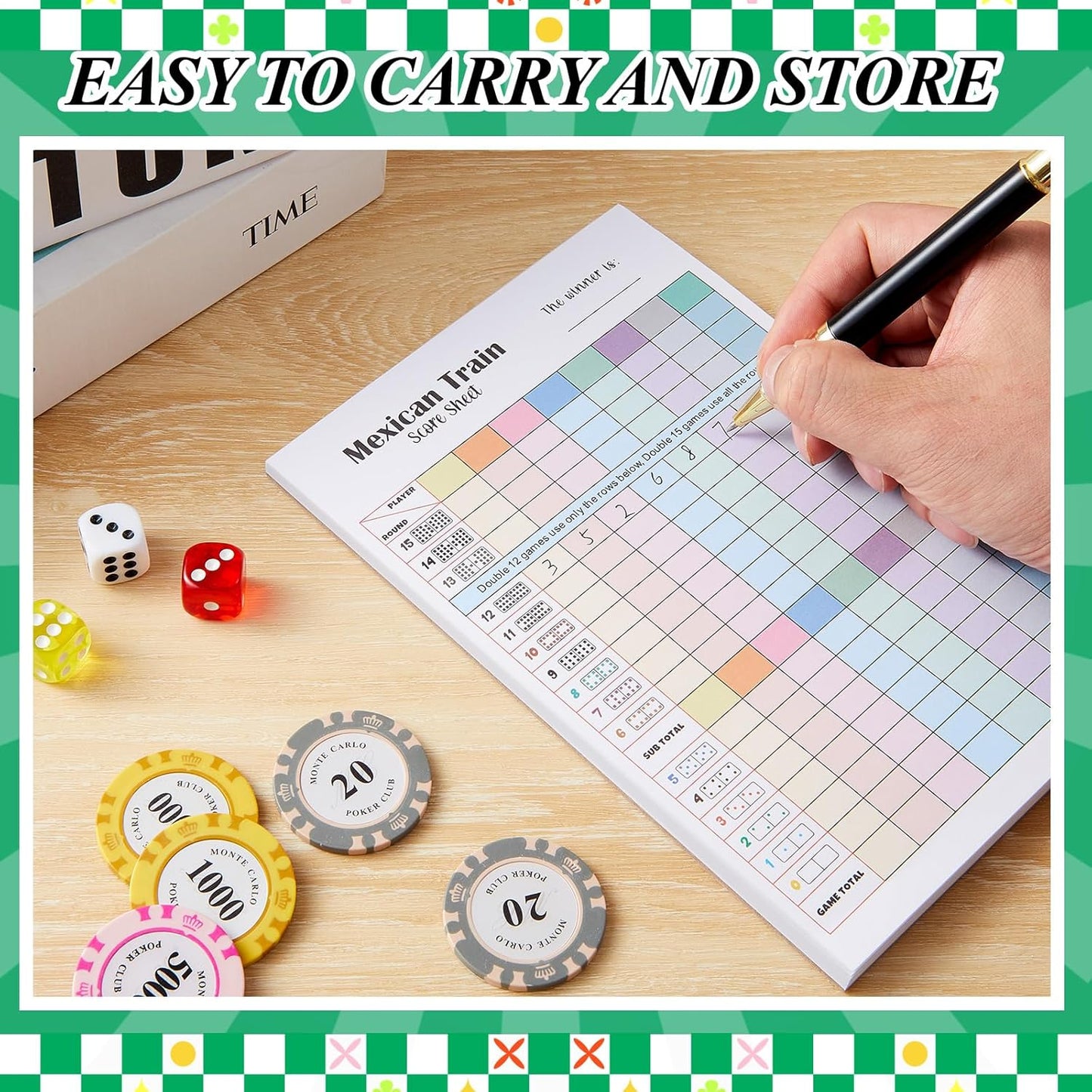 2 Pack 120 Sheets Mexican Train Score Pads Colorful Chicken Foot Dominoes Game Scorepad Adult Mexican Train Score Sheet Scoreboard Paper Record Clearly for Family Game (8 x 5.5 Inches)