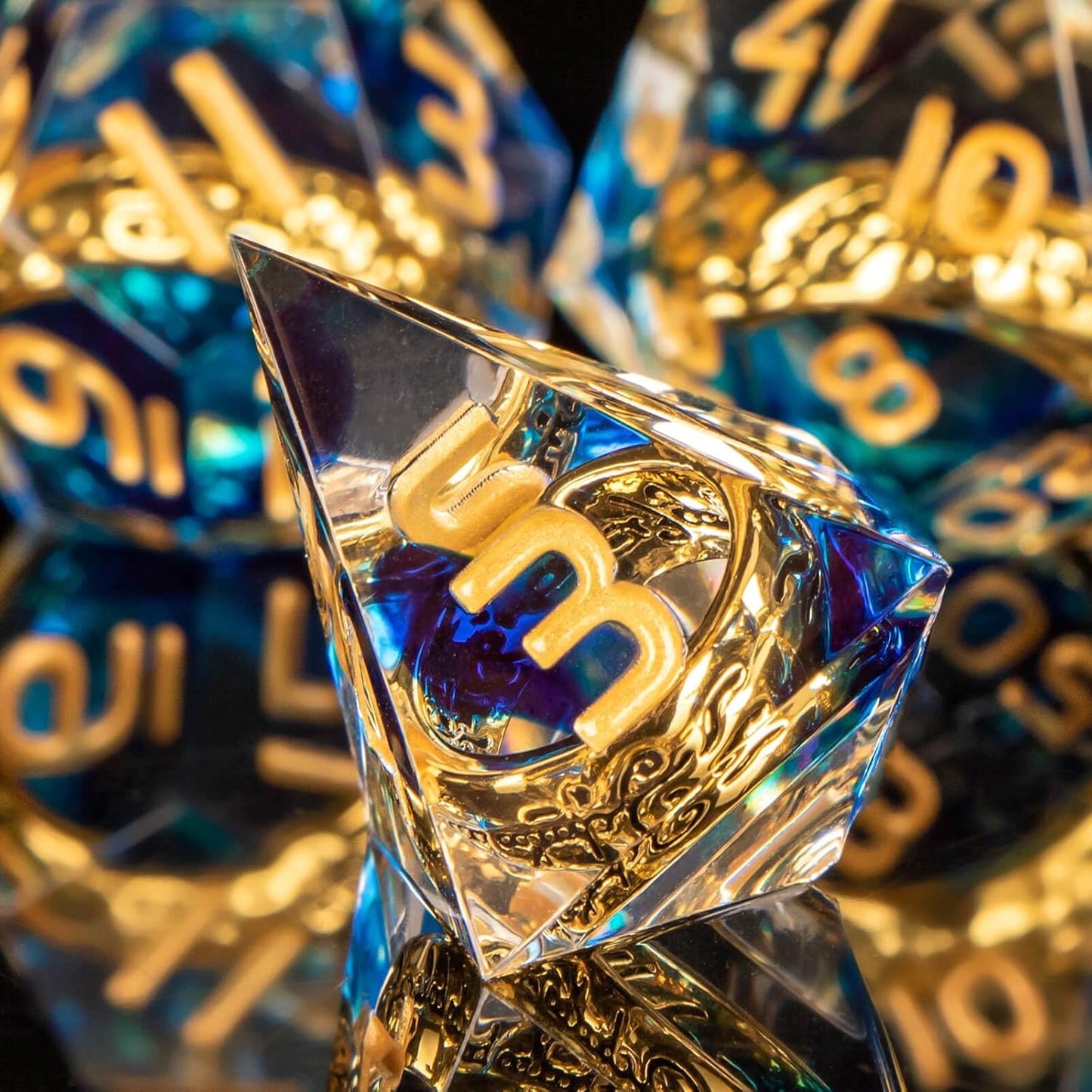 OUKELANWO Magic Lord Rings DND Dice Set with Box, 7Pcs Resin LOTR D&D Dice Set for Role Playing Game, Blue Gold Dungeons Dragons D and D Sharp Edge Dice D20 D12 D10 D8 D6 D4