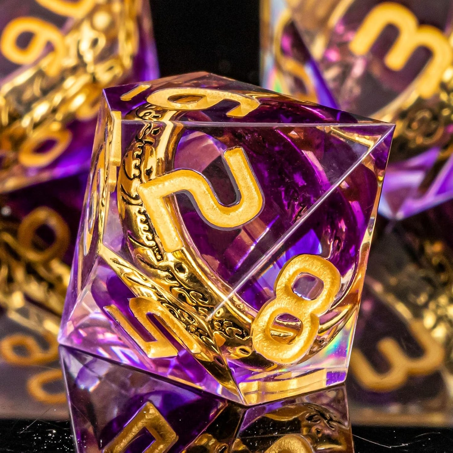 OUKELANWO Magic Lord Rings DND Dice Set with Box, 7Pcs Resin LOTR D&D Dice Set for Role Playing Game, Purple Gold Dungeons Dragons D and D Sharp Edge Dice D20 D12 D10 D8 D6 D4