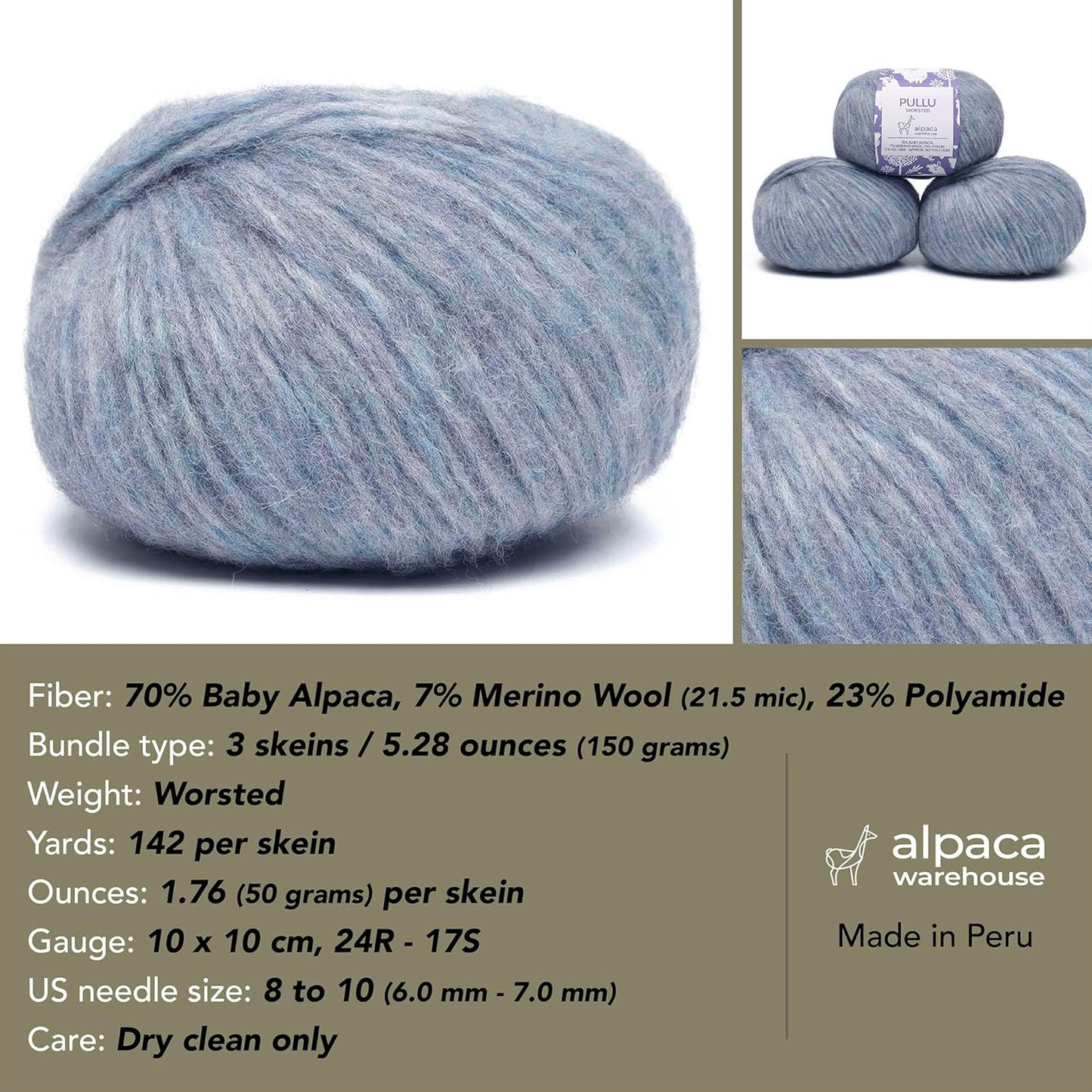 Pullu - Baby Alpaca Merino Wool Yarn Set of 3 Skeins (150 Grams) Worsted Weight - Sourced Directly from Peru - Heavenly Soft and Perfect for Knitting and Crocheting (Heather Sky Blue)