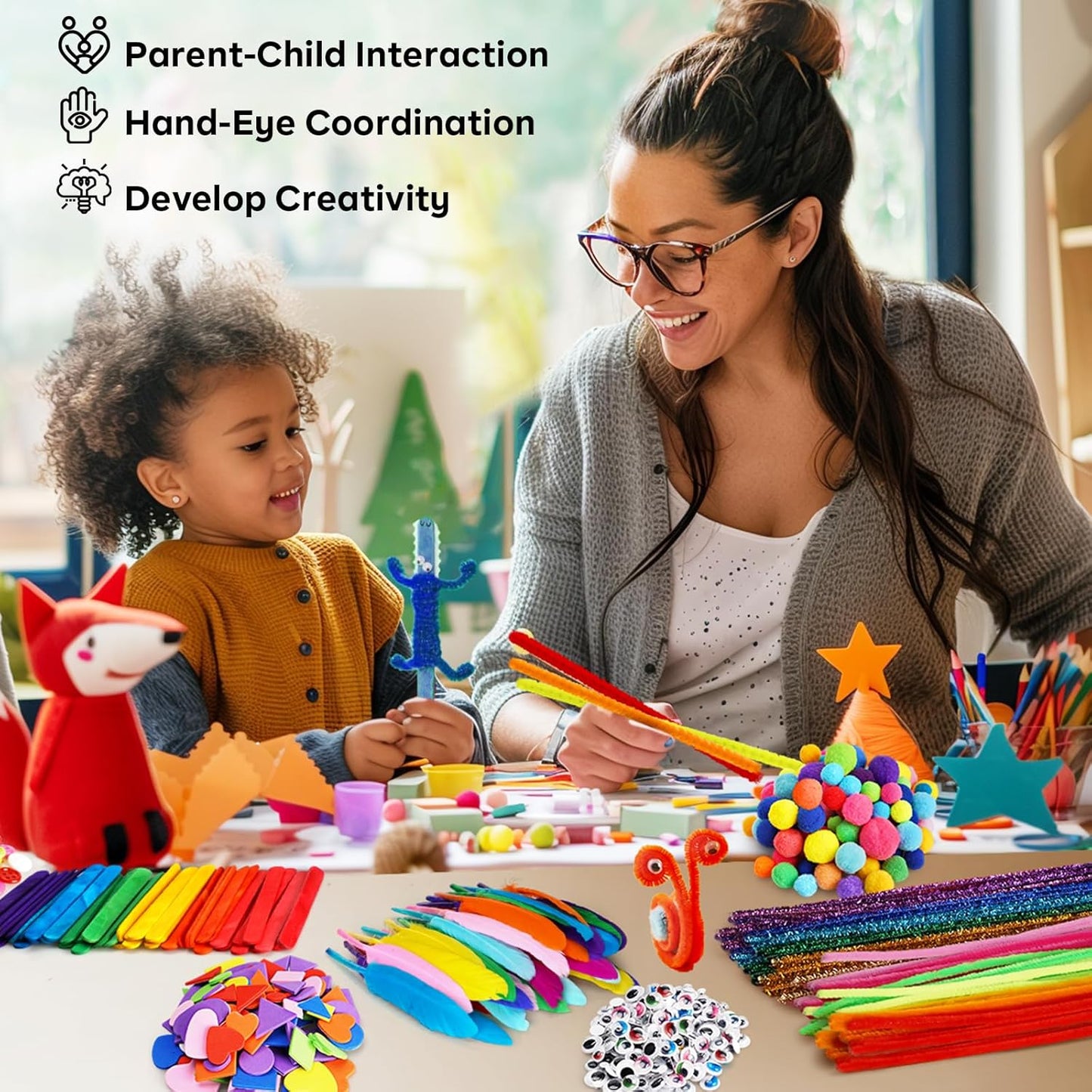 FUNZBO 2000Pcs+ Arts & Crafts Supplies Kits for Kids, DIY Craft Supplies for Toddlers Art Supply Tools Set Include Pipe Cleaners,Pom Poms and Feather, Crafts Birthday Gifts for Kid Girls Ages 4-8-12