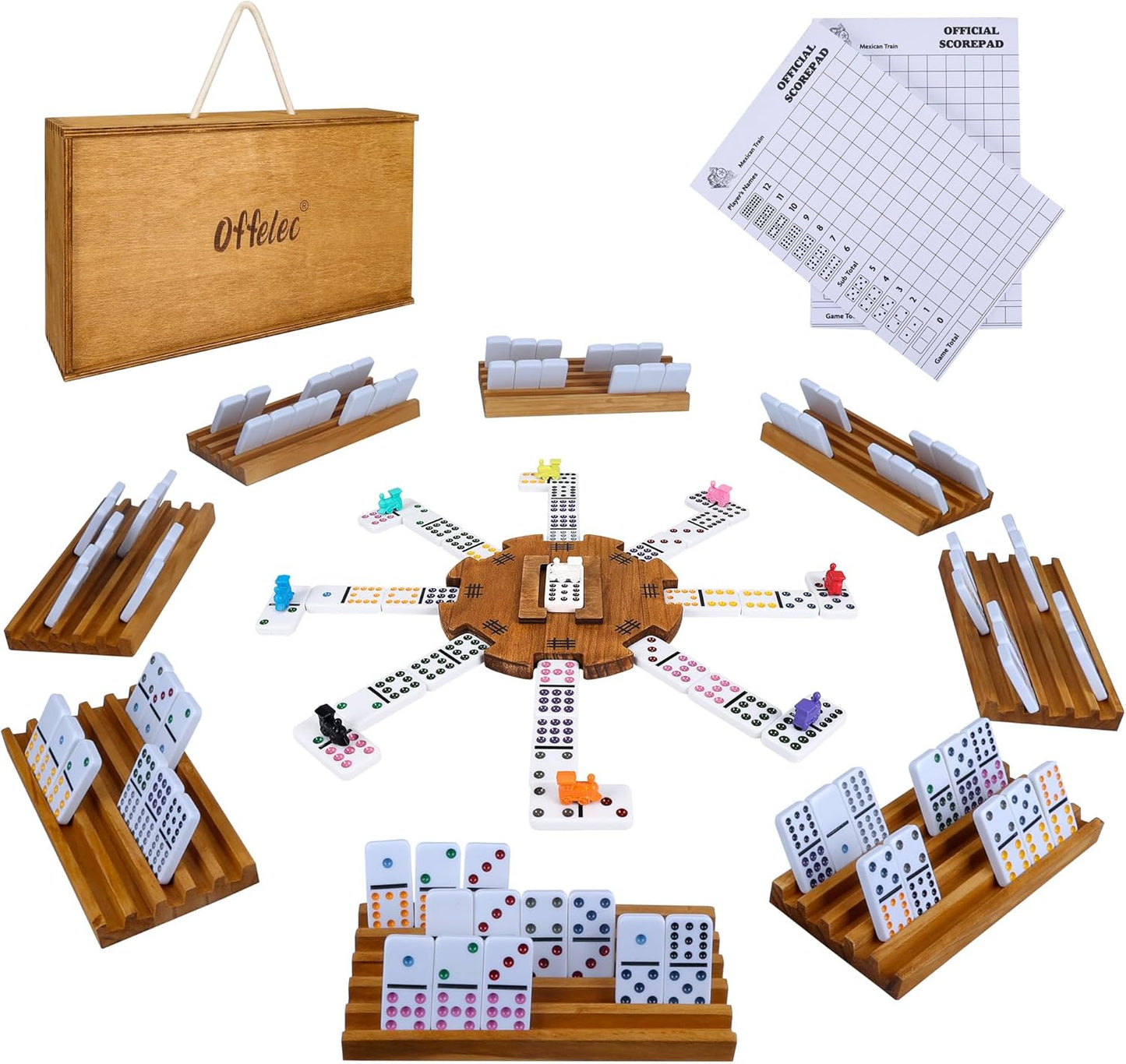 Mexican Train Dominoes Set with 8 Holders, Double 12 Dominos Set for Adults, Mexican Dominoes Train for Kids and Family Game, Mexican Train Games with 91 Colored Tile Dominos and Wooden Box