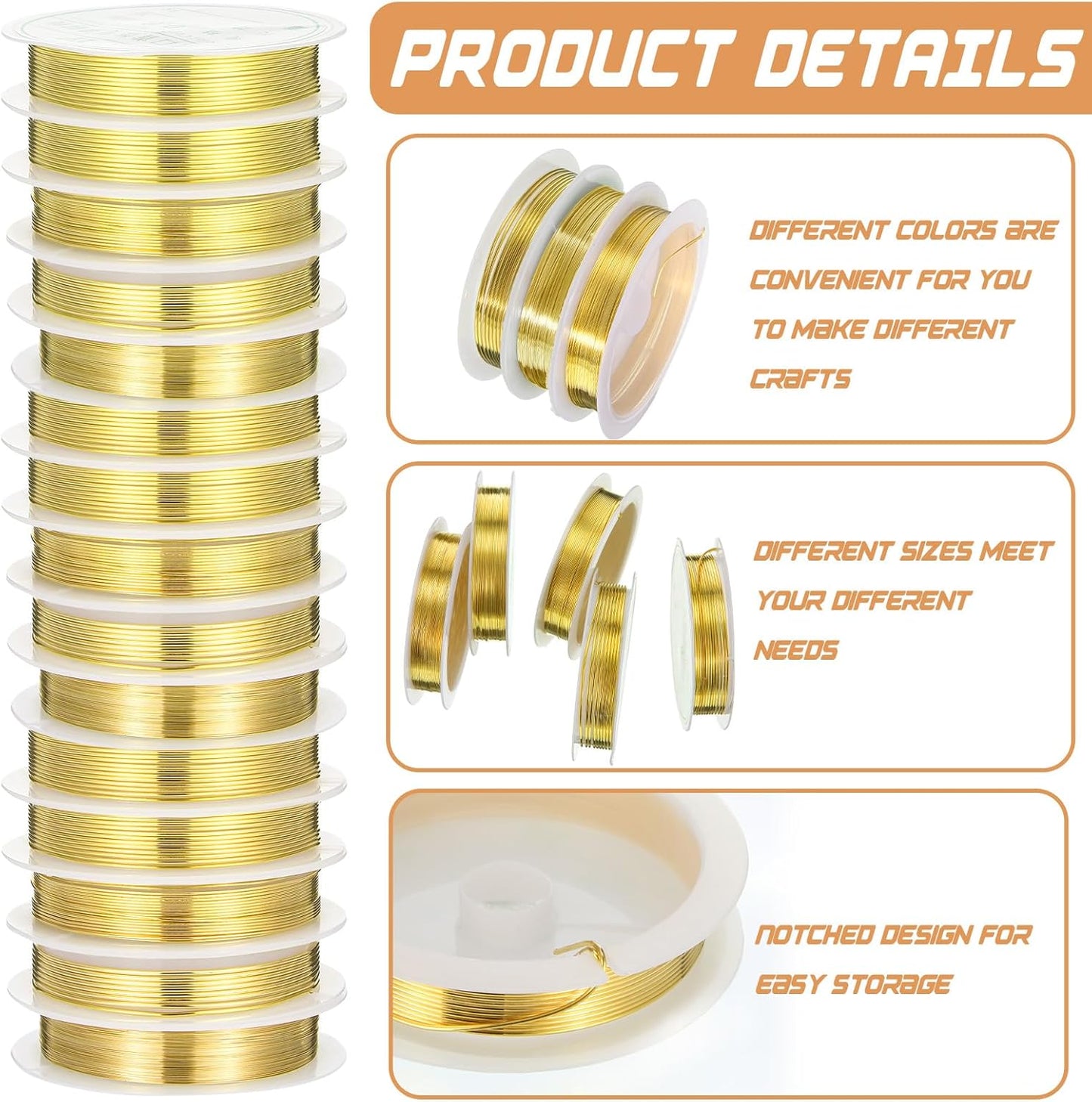 Mixweer 15 Pcs 5 Size Copper Wire 18 20 22 26 32 Gauge Tarnish Resistant Jewelry Wire for Jewelry Making 121 Yard Metal Beading Crafting (Gold)