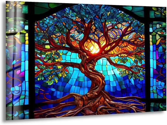 My Photostation.com 60WX40H'' Stained Blue Life of Tree Glass Wall ArtTempered Glass Printing Wall Decor Large Wall Art Wall Hangings