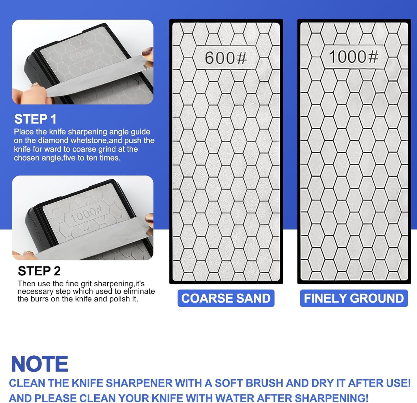 Double-sided Diamond Sharpening Stone,Knife Sharpening Stone with Extra Fine 1000/Coarse 600 Grit Diamond Plate, Storage Case with Non-Slip Base & Angle Guide(7 x 3.5 Inch)