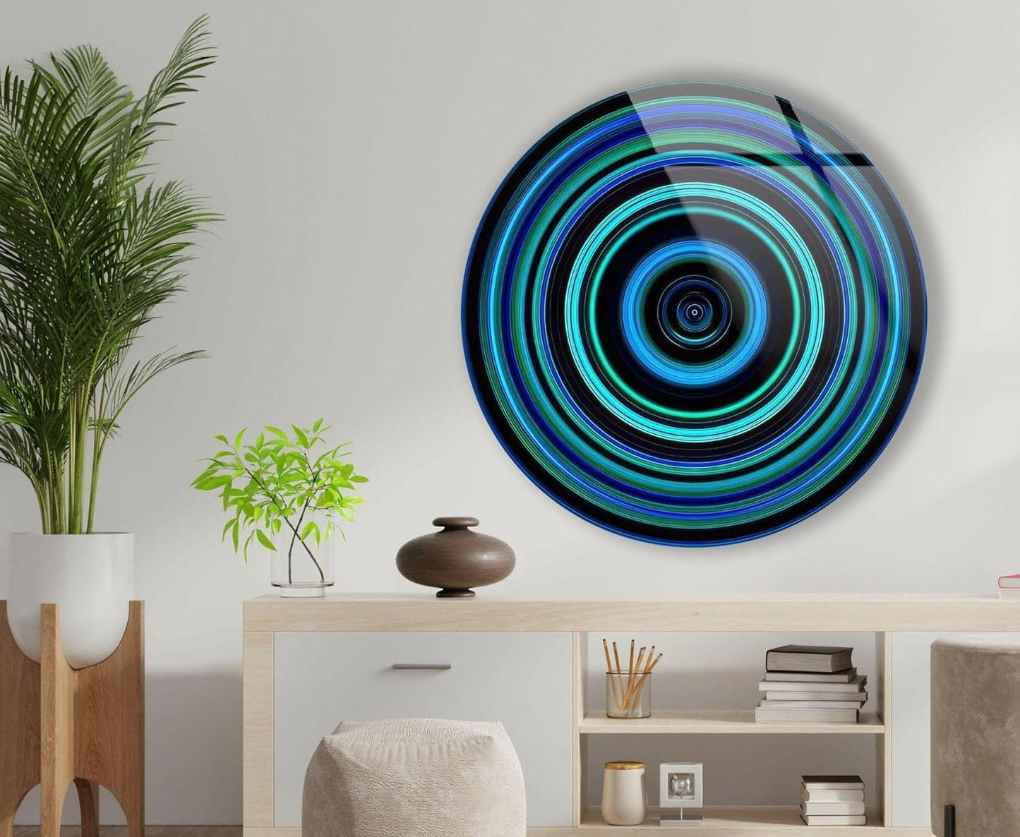 My Photostation.com 10''(25cm) Diameter Blue and Green Round Glass Wall Art Tempered Glass Printing Wall Decor Large Wall Art Wall Hangings