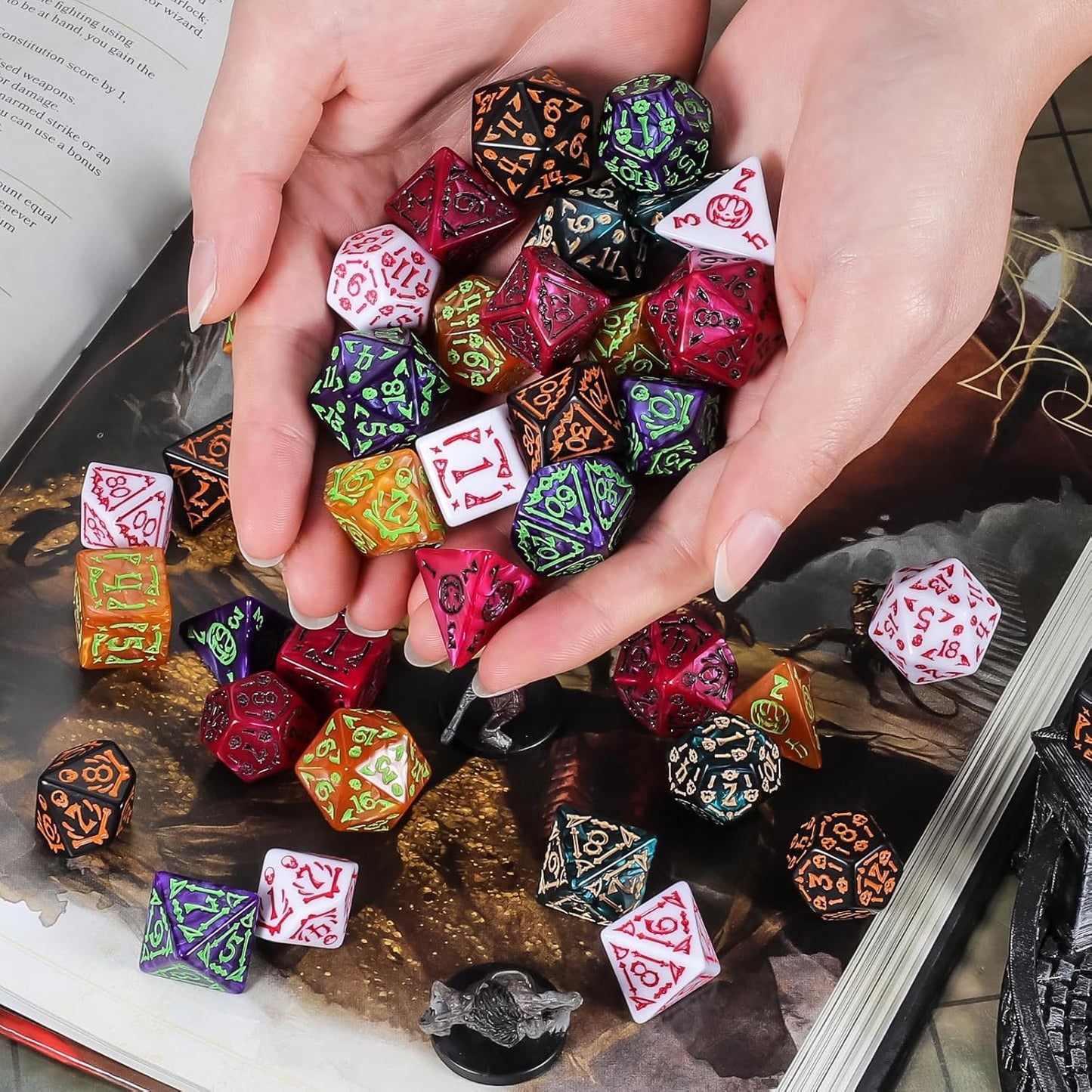 CiaraQ DND Polyhedral Dice Set (42pcs) with A Gold Pattern Drawstring Bag for Dungeons and Dragons RPG MTG Table Games. 6 Sets Halloween Pumpkin Role Playing Dice Set