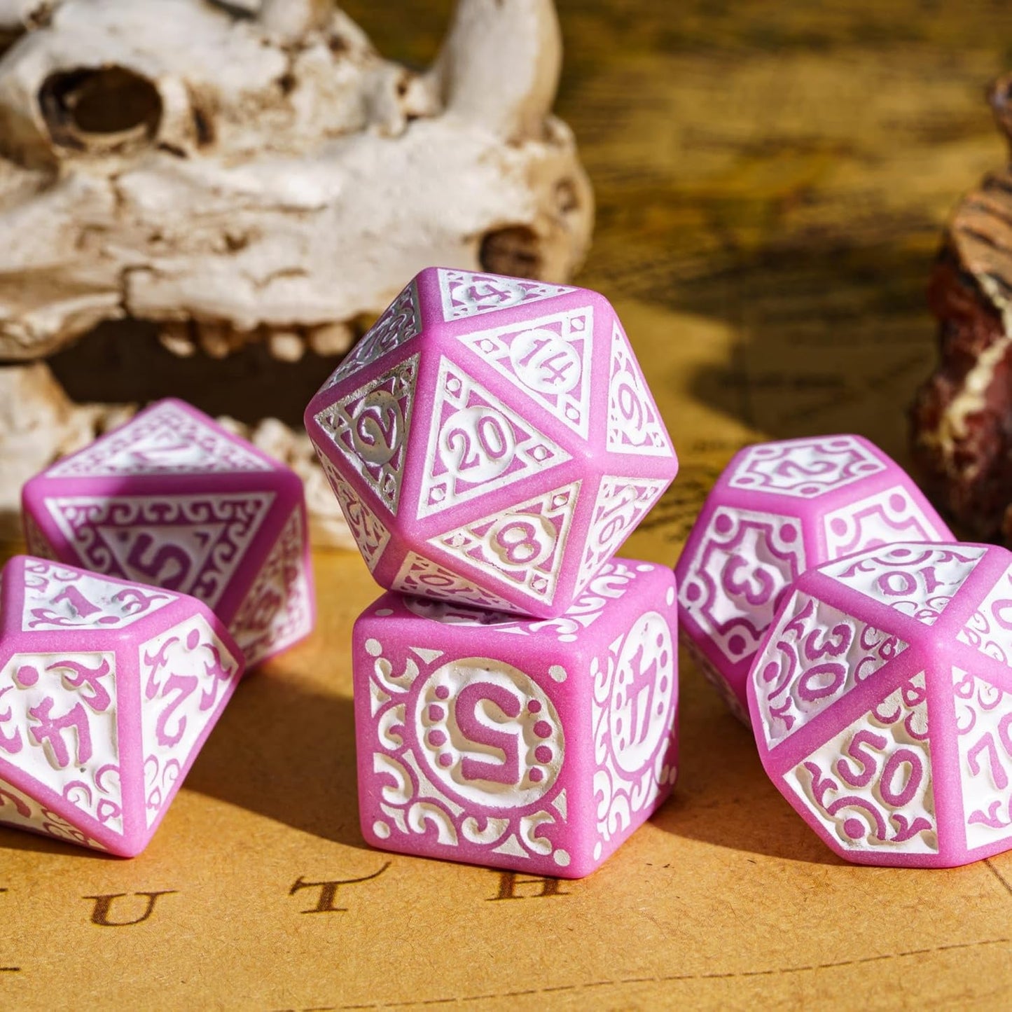 7-Die DND Dice Set New Pattern Polyhedral Dice Set with Leather Bag D&D Die for RPG Table Games(Pink White)