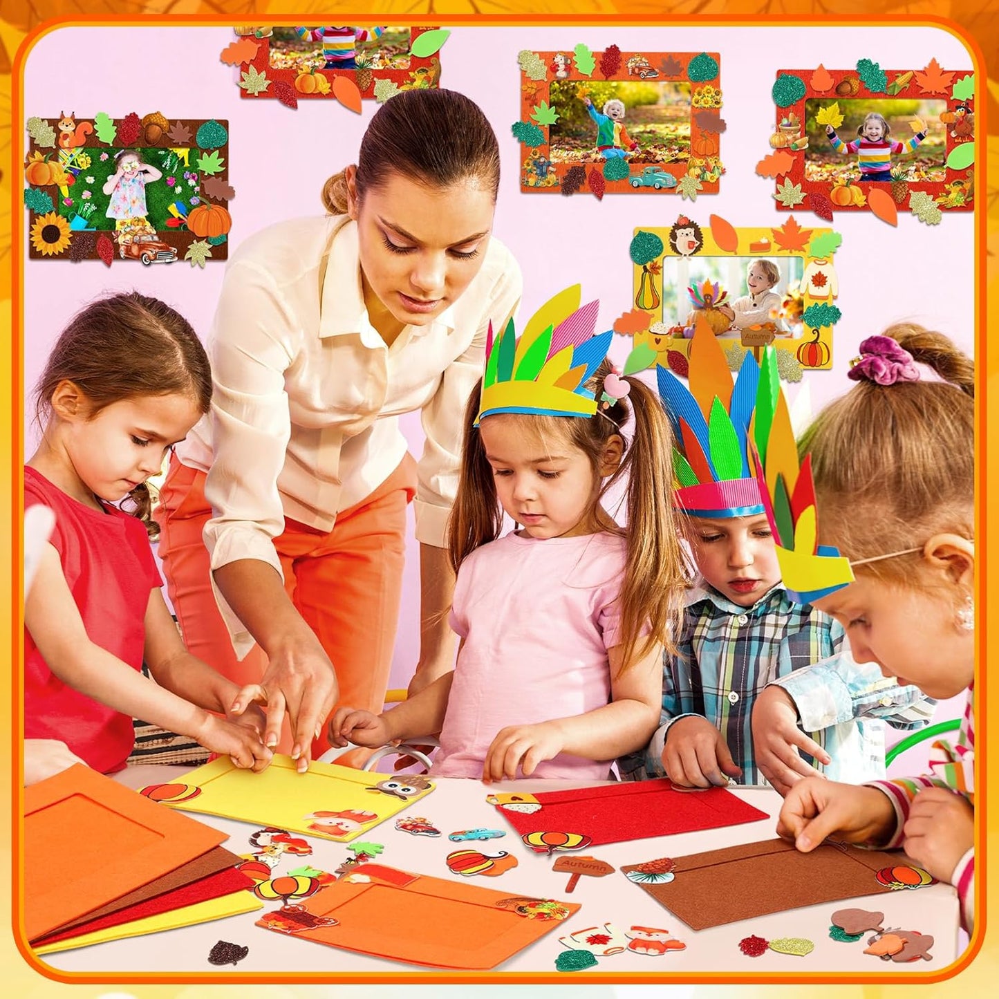 Ferraycle 232 Pcs Fall DIY Picture Frames Craft Kit Thanksgiving Felt Photo Frames with Leaves Pumpkin Harvest Crafts with Foam Stickers for Autumn Party Favor(Multi Color,Classical)